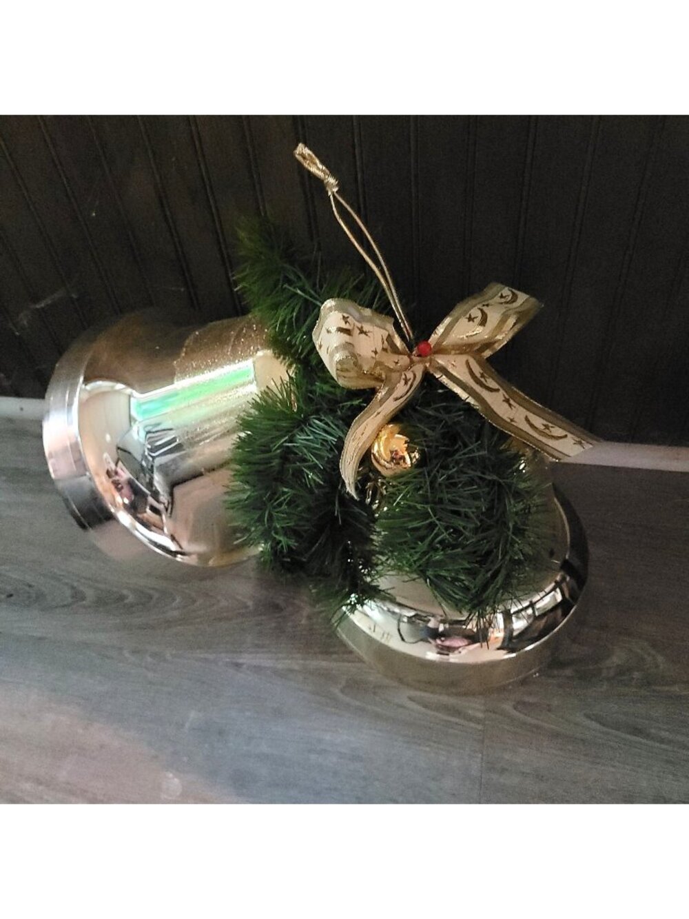 Large Double Gold Christmas Bell Ornament Hanging Plastic Greenery Gold Ribbon